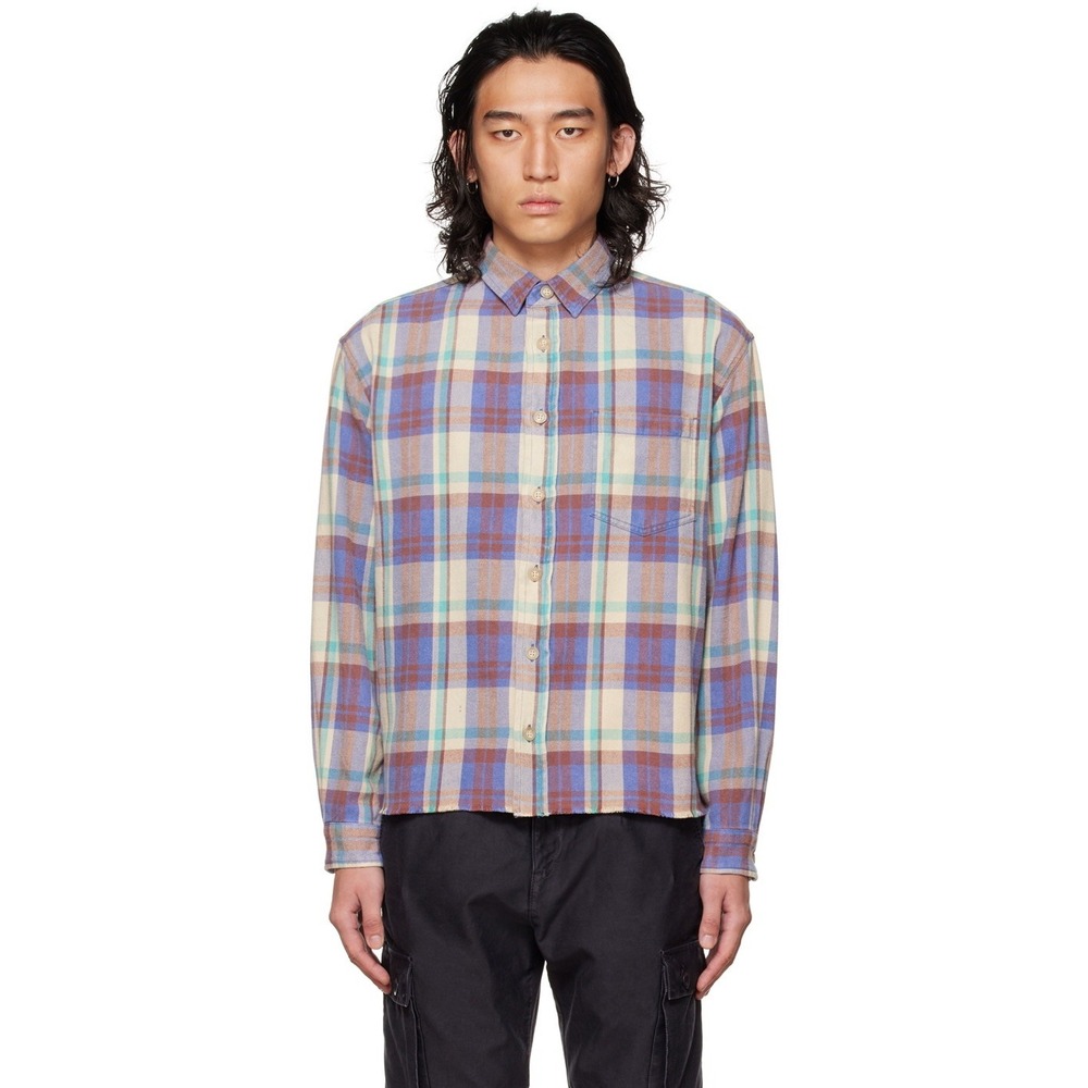 John Elliott Hemi Oversized Plaid Shirt Blue Tan Raw Hem Size 2 M Made in Japan